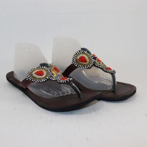 Handmade Beaded Leather Sandals Tribal Boho Flip Flops EU 41 US 10.5–11